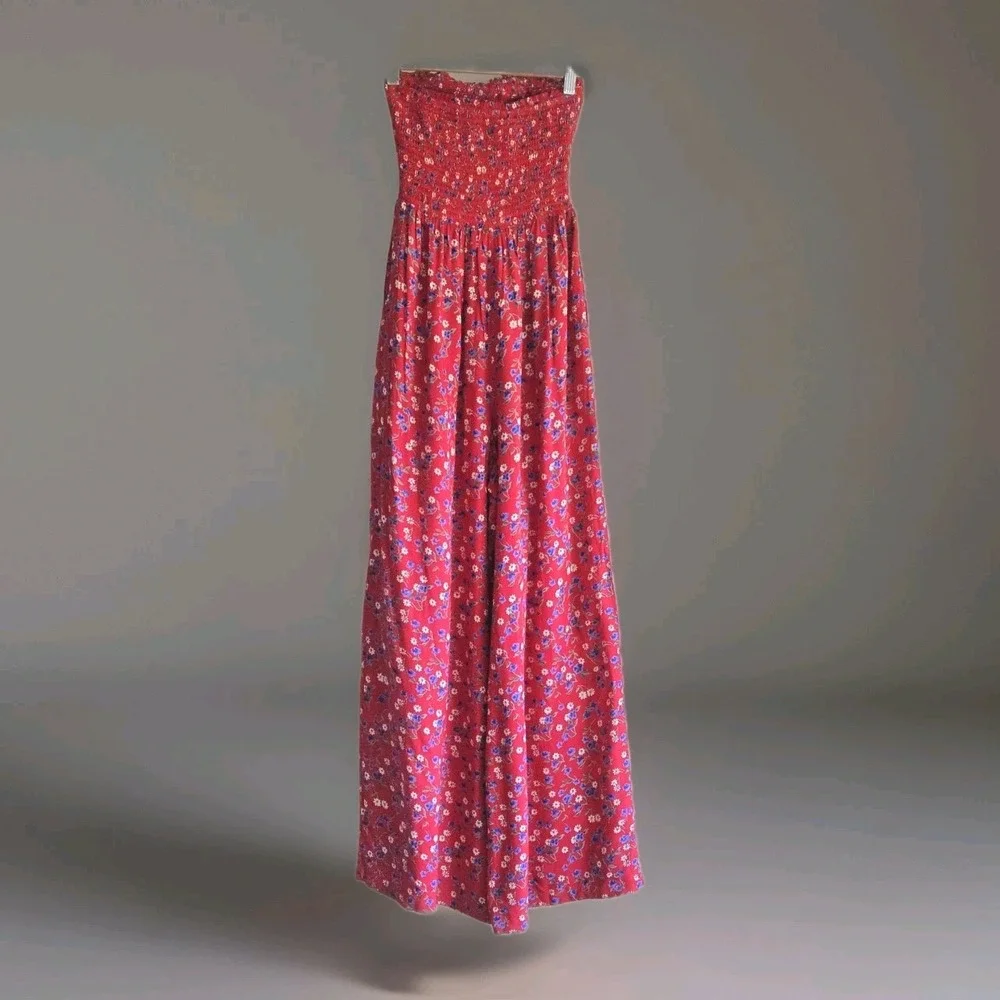 Patrons Of Peace Sz XS Floral Smocked Strapless Wide-Leg Jumpsuit Prairie Travel